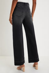 Jean ample noir à ourlet brut et poignets uniques, droit, taille haute