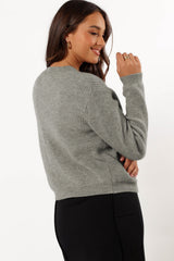 Cardigan boutonné en tricot côtelé gris philippin avec nœud sur le devant-A WOMAN WE LOVE