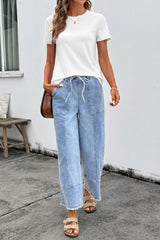 Pantalon en jean tendance à jambes larges et taille élastiquée