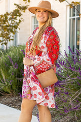 Plus Size Pink Mixed Floral Long Sleeve V Neck Lace Up Hollow Out Back Dress