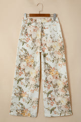 Jean large beige fleuri à taille haute et poches plaquées