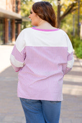 Plus Size Pink Striped Patchwork Bracelet Sleeve T-Shirt