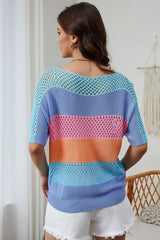 High-sleeved sleeve row knitted with sky blue eyelets