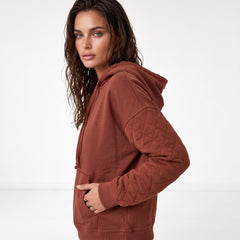 Sweat à capuche matelassé marron à patchwork et coutures apparentes