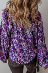 Chemisier violet à manches bouffantes et col en V fendu à fleurs style Boho-A WOMAN WE LOVE