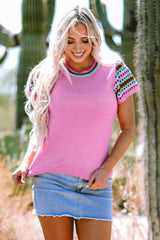 Pull à col rond et manches courtes imprimé contrasté rose vif