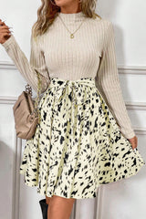 Beige trapeze dress in ribbed patchwork printed *