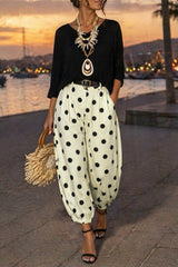 Pantalon sarouel blanc à pois, longueur cheville