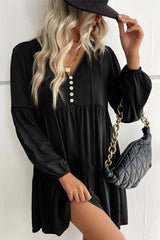 Black lace mini dress with puff sleeves and ruffles and buttons