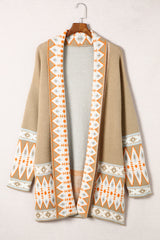 Cardigan tricoté kaki à imprimé aztèque ouvert sur le devant-A WOMAN WE LOVE