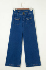 Pantalon en denim à jambe large avec poches plaquées et décor de quincaillerie bleu voile