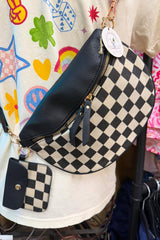Sac d’épaule noir en simili cuir et maille à damier avec pochette