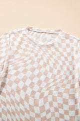 High khaki with long sleeves and climbed collar in checkered pattern mesh