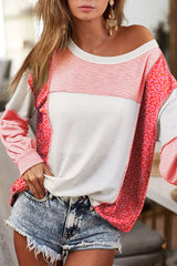 Leopard and peach blossom patchwork seam top