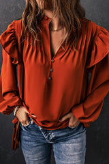 Blouse orange plissée à volants et boutonnée à col en V-A WOMAN WE LOVE