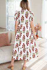 Robe longue beige à volants et manches courtes bouffantes à fleurs