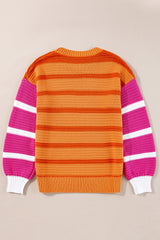 Loose sweater with orange stripes and color block, round neck, dropped shoulders
