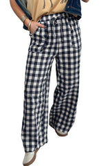 Pantalon ample en coton à carreaux vichy, taille élastiquée et lien