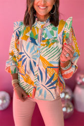 Chemise beige à col haut et manches lanternes à volants et smockés abstraits-A WOMAN WE LOVE