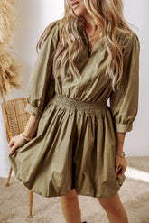 Guacamole Green V-Neck High Waisted Smocked Mini Dress