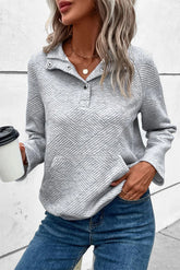 Light Grey Textured Knit Button-Down Sweatshirt with Kangaroo Pocket