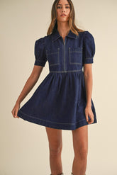Dirty blue denim dress, zipped bodice *