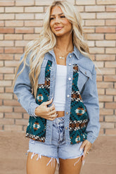 Chaqueta de jeans azul estampado aztecas