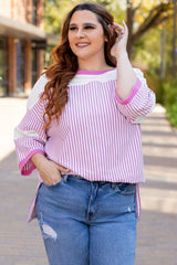 Plus Size Pink Striped Patchwork Bracelet Sleeve T-Shirt
