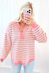Pink striped high button and v * collar