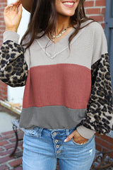 Bright Red Wild Leopard Contrast Sleeve Color Block Waffle Knit Top