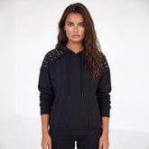 Black Raglan Sleeve Solid Color Rivets Hoodie with Pocket