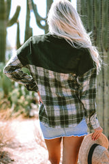 Blackish green color block plaid jacket with snap buttons
