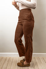Pantalon droit marron en velours côtelé à taille élastiquée