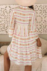 Robe ample à volants et manches bracelet imprimée bohème orange, col fendu