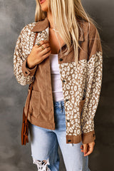 Brown leopard print corduroy long sleeve jacket