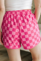 Short décontracté à taille élastique avec cordon de serrage à carreaux rose