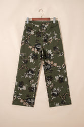 Jean droit vintage à imprimé floral avec poche plaquée carrée et ourlet brut vert