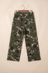 Jean droit vintage à imprimé floral avec poche plaquée carrée et ourlet brut vert
