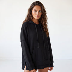 Sweat à capuche noir oversize en maille gaufrée, doublé polaire