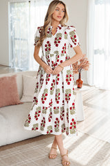 Robe longue beige à volants et manches courtes bouffantes à fleurs