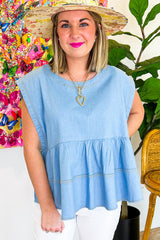 Top vasco de mezclilla con costuras de moda hermosos azules