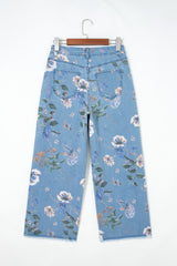 Jean droit bleu ciel fleuri à bords effilochés, longueur cheville
