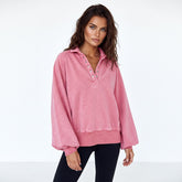 Oversized sweatshirt with balloon sleeves and snap collar in solid pink
