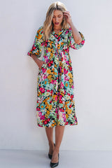 Vestido floral verde con mangas hinchadas y collar V *