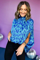 High Caftan Blue with Animal Print and Detail with rising collar