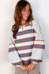 Chemisier blanc à manches lanternes et imprimé floral à rayures-A WOMAN WE LOVE