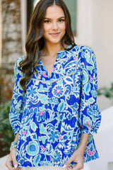 Chemisier bleu à manches bracelet et dentelle à imprimé floral mélangé-A WOMAN WE LOVE