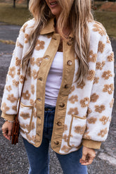 Fleece jacket buttoned with cute light beige light flowers light