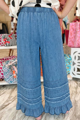Pantalon large en chambray bleu crépuscule à ourlet volanté