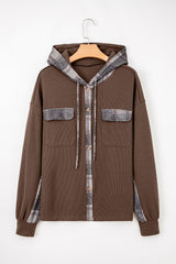 Veste-chemise marron à carreaux patchwork et capuche